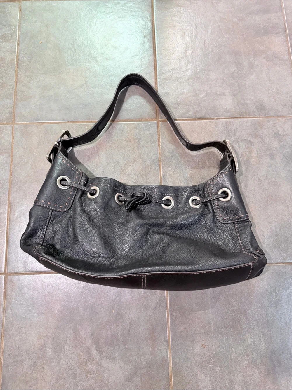 Vintage Y2K Cole Haan Black Leather Women's Shoulder Bag with Grommet Detail